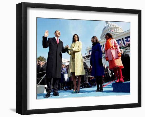 President Barack Obama Takes the Oath of Office with Wife Michelle and Daughters, Sasha and Malia-null-Framed Photographic Print