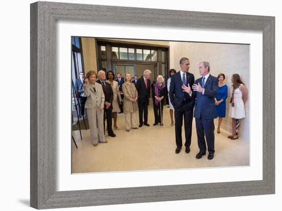 President Barack Obama Talks with Former President George W. Bush, April 25, 2013-null-Framed Premium Photographic Print