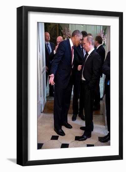 President Barack Obama Talks with Russian President Vladimir Putin-null-Framed Premium Photographic Print