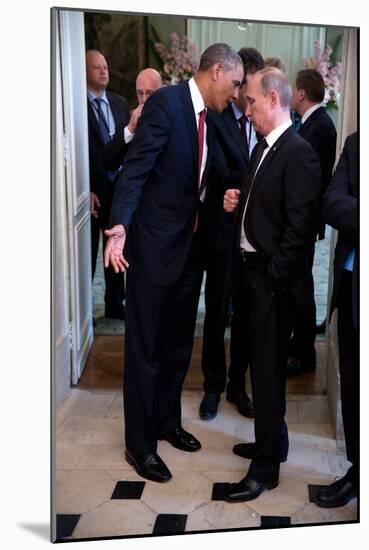 President Barack Obama Talks with Russian President Vladimir Putin-null-Mounted Premium Photographic Print