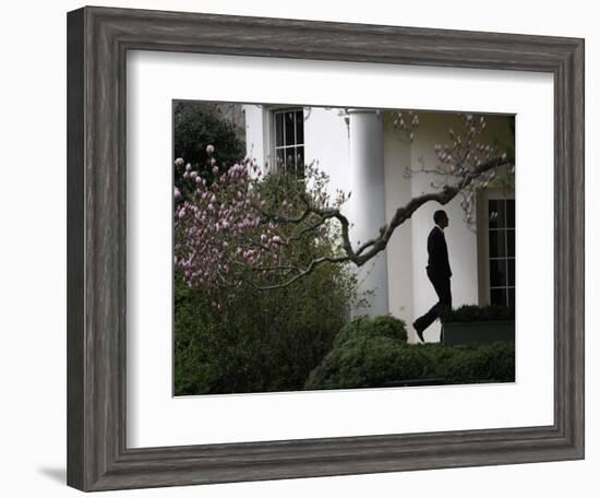 President Barack Obama Walks Down the Colonnade to the Oval Office of the White House-null-Framed Photographic Print