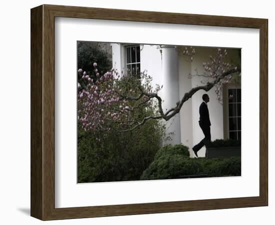 President Barack Obama Walks Down the Colonnade to the Oval Office of the White House-null-Framed Photographic Print