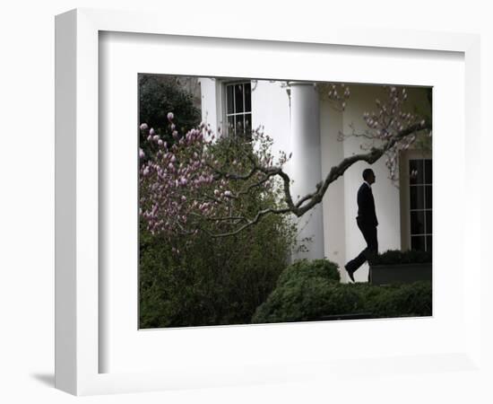 President Barack Obama Walks Down the Colonnade to the Oval Office of the White House-null-Framed Photographic Print