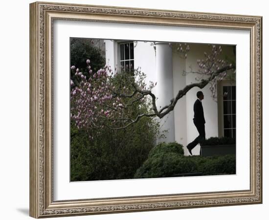 President Barack Obama Walks Down the Colonnade to the Oval Office of the White House-null-Framed Photographic Print