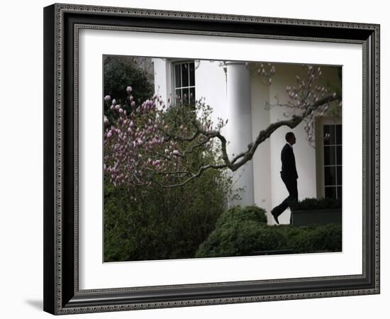 President Barack Obama Walks Down the Colonnade to the Oval Office of the White House-null-Framed Photographic Print