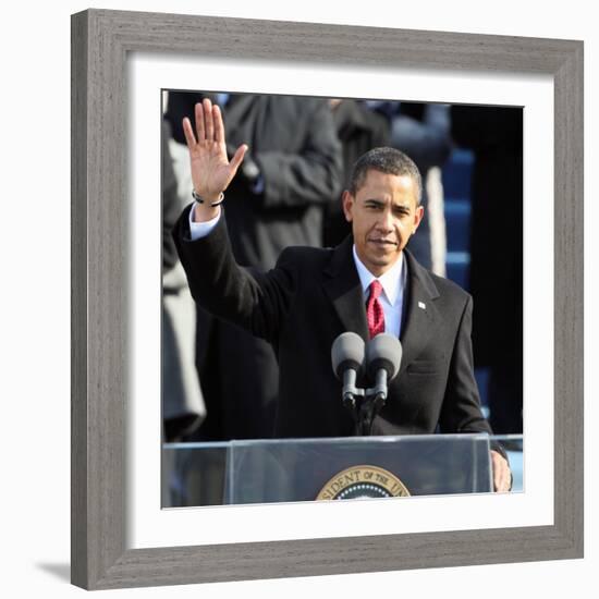 President Barack Obama Waves Before His Inaugural Address, Washington DC, January 20, 2009-null-Framed Photographic Print