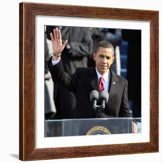 President Barack Obama Waves Before His Inaugural Address, Washington DC, January 20, 2009-null-Framed Photographic Print