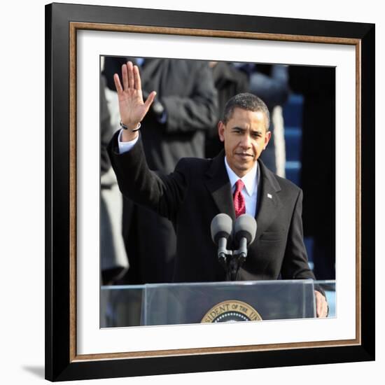 President Barack Obama Waves Before His Inaugural Address, Washington DC, January 20, 2009-null-Framed Photographic Print