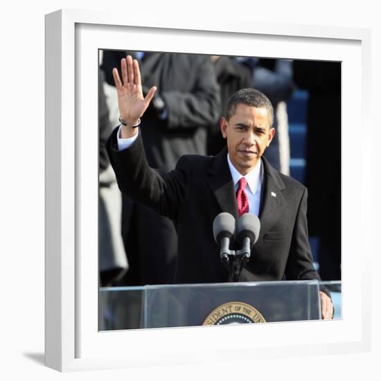 President Barack Obama Waves Before His Inaugural Address, Washington DC, January 20, 2009-null-Framed Photographic Print