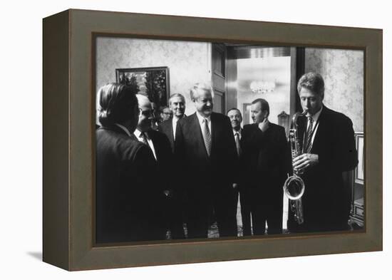 President Bill Clinton Plays the Saxophone Presented to Him by Russian President Boris Yeltsin-null-Framed Stretched Canvas