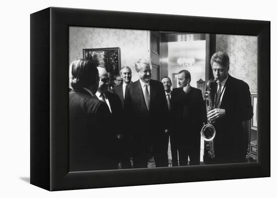 President Bill Clinton Plays the Saxophone Presented to Him by Russian President Boris Yeltsin-null-Framed Stretched Canvas