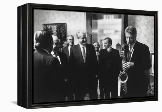 President Bill Clinton Plays the Saxophone Presented to Him by Russian President Boris Yeltsin-null-Framed Stretched Canvas