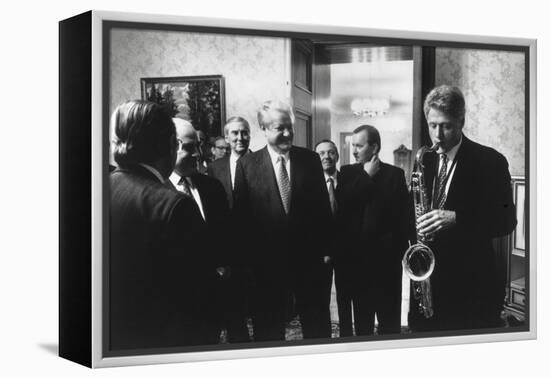 President Bill Clinton Plays the Saxophone Presented to Him by Russian President Boris Yeltsin-null-Framed Stretched Canvas