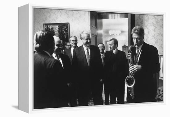 President Bill Clinton Plays the Saxophone Presented to Him by Russian President Boris Yeltsin-null-Framed Stretched Canvas