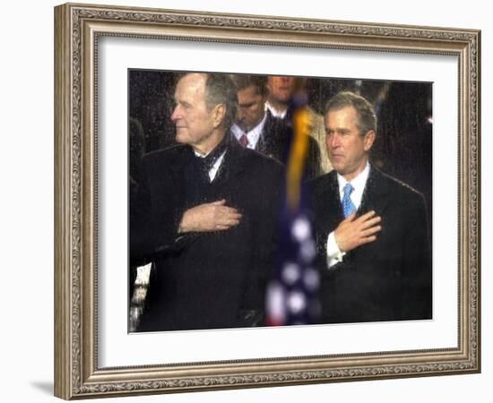 President Bush and His Father, Former President Bush, Put Their Hand Over Their Hearts-null-Framed Photographic Print