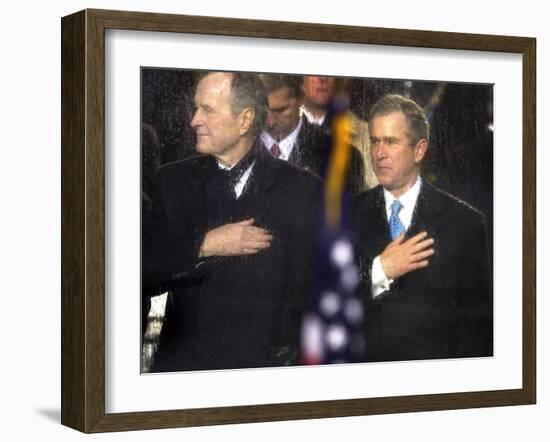 President Bush and His Father, Former President Bush, Put Their Hand Over Their Hearts-null-Framed Photographic Print