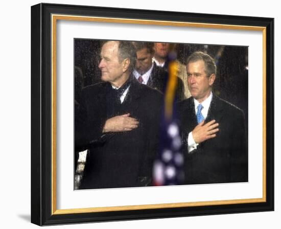 President Bush and His Father, Former President Bush, Put Their Hand Over Their Hearts-null-Framed Photographic Print
