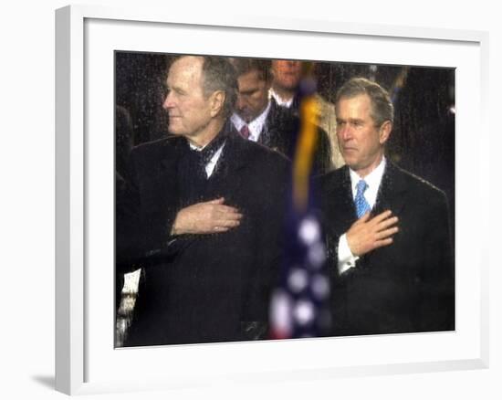 President Bush and His Father, Former President Bush, Put Their Hand Over Their Hearts-null-Framed Photographic Print