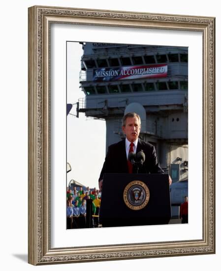 President Bush Declares the End of Major Combat in Iraq as He Speaks Aboard the Aircraft Carrier-null-Framed Photographic Print