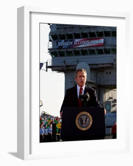 President Bush Declares the End of Major Combat in Iraq as He Speaks Aboard the Aircraft Carrier-null-Framed Photographic Print