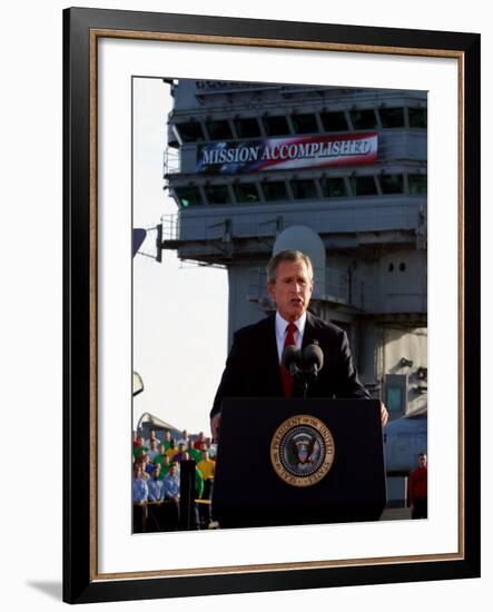 President Bush Declares the End of Major Combat in Iraq as He Speaks Aboard the Aircraft Carrier-null-Framed Photographic Print