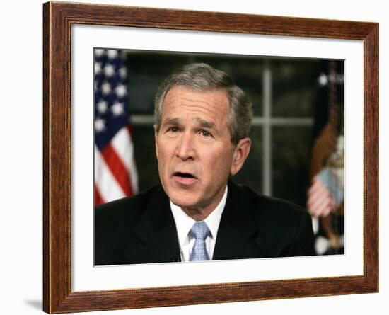 President Bush Delivers a Portion of His Speech for a Second Time for Assembled News Photographers-null-Framed Photographic Print