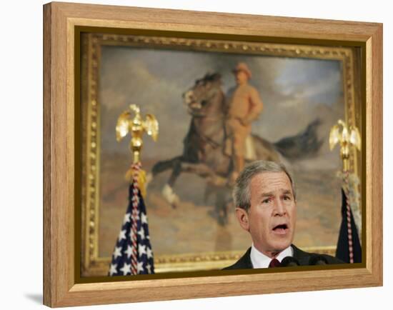 President Bush Delivers His Live Radio Address in the Roosevelt Room at the White House-null-Framed Premier Image Canvas