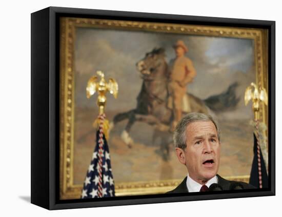 President Bush Delivers His Live Radio Address in the Roosevelt Room at the White House-null-Framed Premier Image Canvas