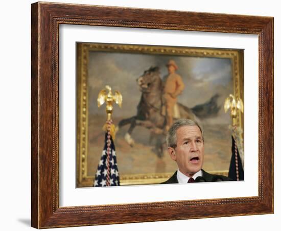 President Bush Delivers His Live Radio Address in the Roosevelt Room at the White House-null-Framed Photographic Print