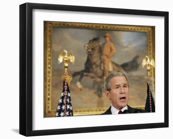 President Bush Delivers His Live Radio Address in the Roosevelt Room at the White House-null-Framed Photographic Print