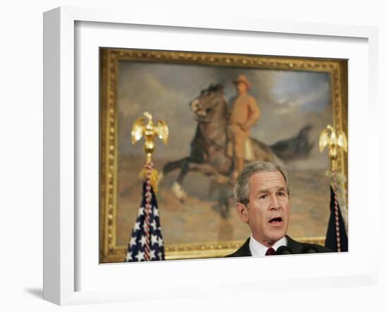 President Bush Delivers His Live Radio Address in the Roosevelt Room at the White House-null-Framed Photographic Print