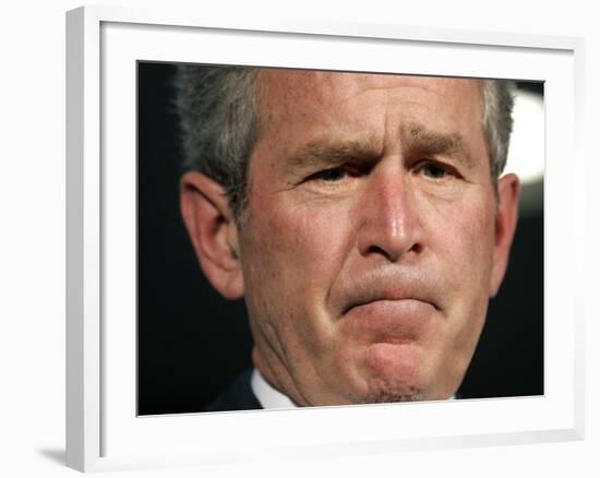 President Bush Listens to a Question About His Declassifying an Intelligence Report-null-Framed Photographic Print