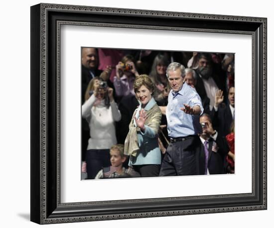 President Bush, Right, and First Lady Laura Bush Arrive for a Rally for Texas Governor Rick Perry-Lm Otero-Framed Photographic Print