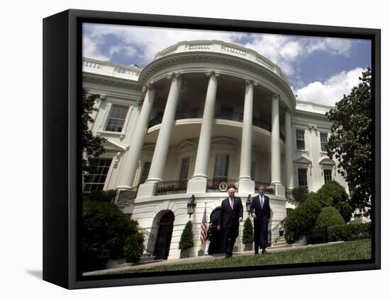 President Bush, Right, and Vice President Dick Cheney Walk to the South Lawn-null-Framed Premier Image Canvas