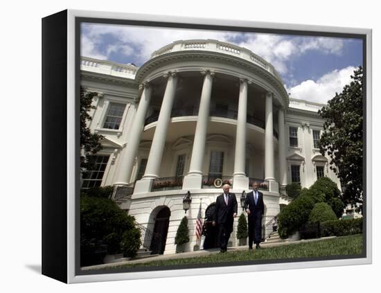 President Bush, Right, and Vice President Dick Cheney Walk to the South Lawn-null-Framed Premier Image Canvas