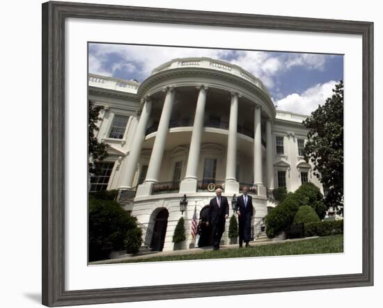 President Bush, Right, and Vice President Dick Cheney Walk to the South Lawn-null-Framed Photographic Print