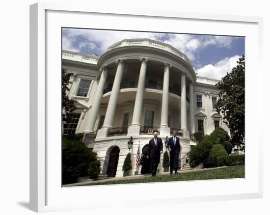 President Bush, Right, and Vice President Dick Cheney Walk to the South Lawn-null-Framed Photographic Print