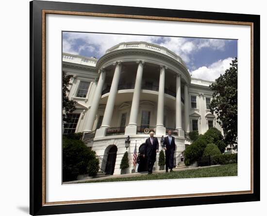 President Bush, Right, and Vice President Dick Cheney Walk to the South Lawn-null-Framed Photographic Print