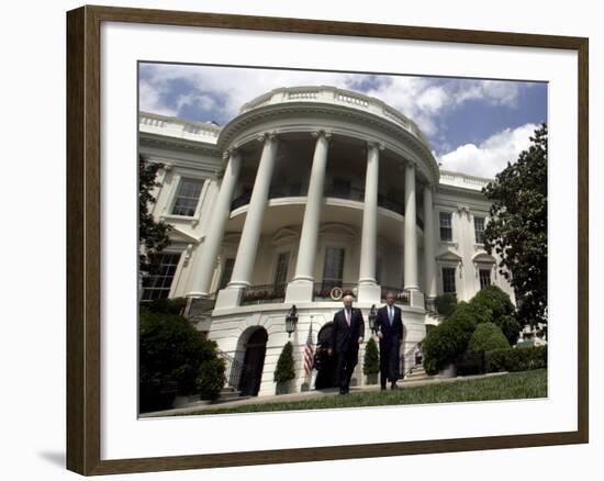 President Bush, Right, and Vice President Dick Cheney Walk to the South Lawn-null-Framed Photographic Print