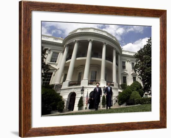 President Bush, Right, and Vice President Dick Cheney Walk to the South Lawn-null-Framed Photographic Print