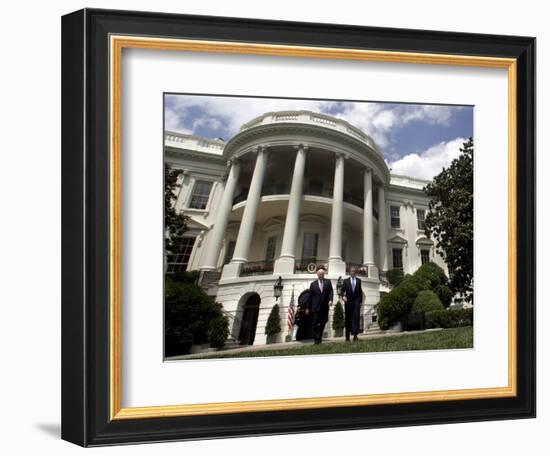 President Bush, Right, and Vice President Dick Cheney Walk to the South Lawn-null-Framed Photographic Print