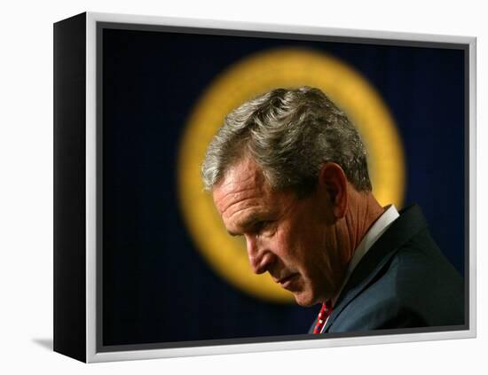 President Bush Speaks About Columbus Day at the Eisenhower Executive Office Building-null-Framed Premier Image Canvas