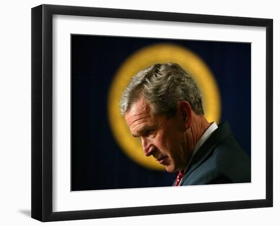 President Bush Speaks About Columbus Day at the Eisenhower Executive Office Building-null-Framed Photographic Print