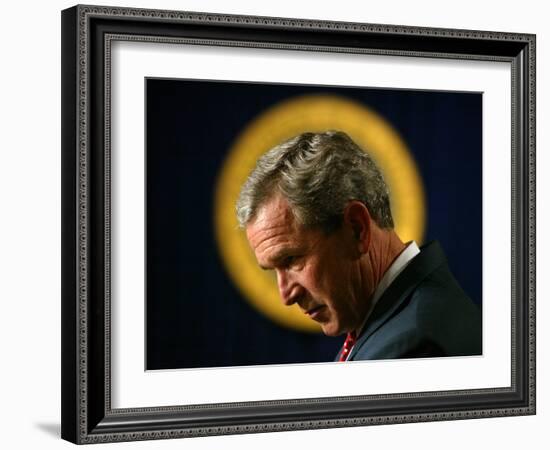 President Bush Speaks About Columbus Day at the Eisenhower Executive Office Building-null-Framed Photographic Print