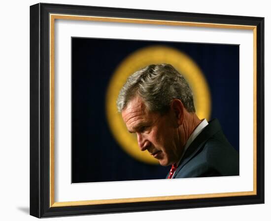 President Bush Speaks About Columbus Day at the Eisenhower Executive Office Building-null-Framed Photographic Print