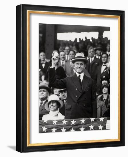 President Calvin Coolidge (1872-1933) Throws Out the First Ball of the 1924 World Series, 1924-American Photographer-Framed Photographic Print