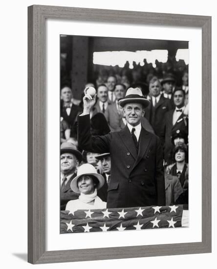 President Calvin Coolidge (1872-1933) Throws Out the First Ball of the 1924 World Series, 1924-American Photographer-Framed Photographic Print