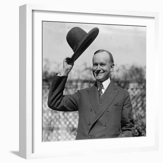 President Calvin Coolidge Waves a Hat Presented to Him by Smoki People of Prescott, Arizona-null-Framed Premium Photographic Print