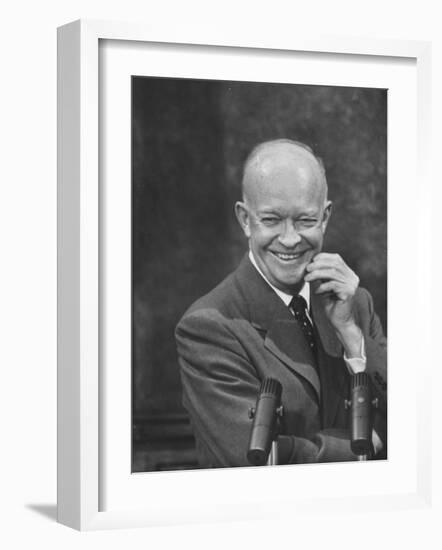 President Dwight D. Eisenhower at Press Conference-null-Framed Photographic Print