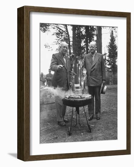 President Dwight D. Eisenhower Cooking Steaks with Former President Herbert C. Hoover-Walter Sanders-Framed Photographic Print